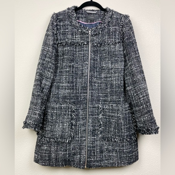 J.Crew Women's 12 Boucle Tweed Knit Swing Coat Full Zip Pockets Collarless Raven - Picture 2 of 16
